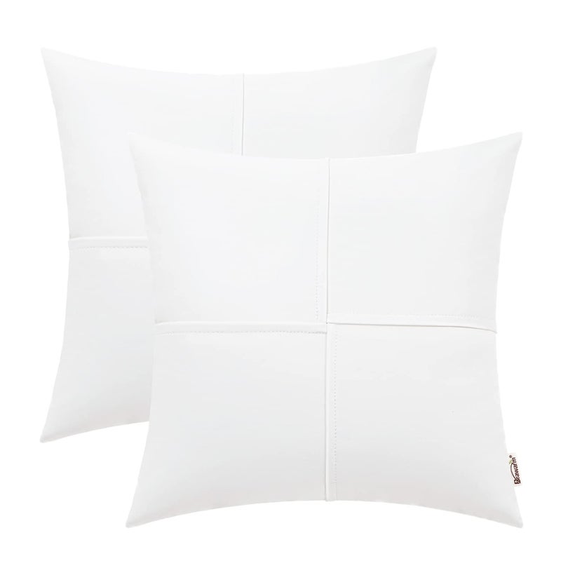 BRAWARM Faux Leather Throw Pillow Covers 16 X 16 Inches, White Leather Pillow Covers Pack of 2, Hand Stitched Leather Decorative Throw Pillows for Couch Sofa Bed Living Room Home Garden - Image 1